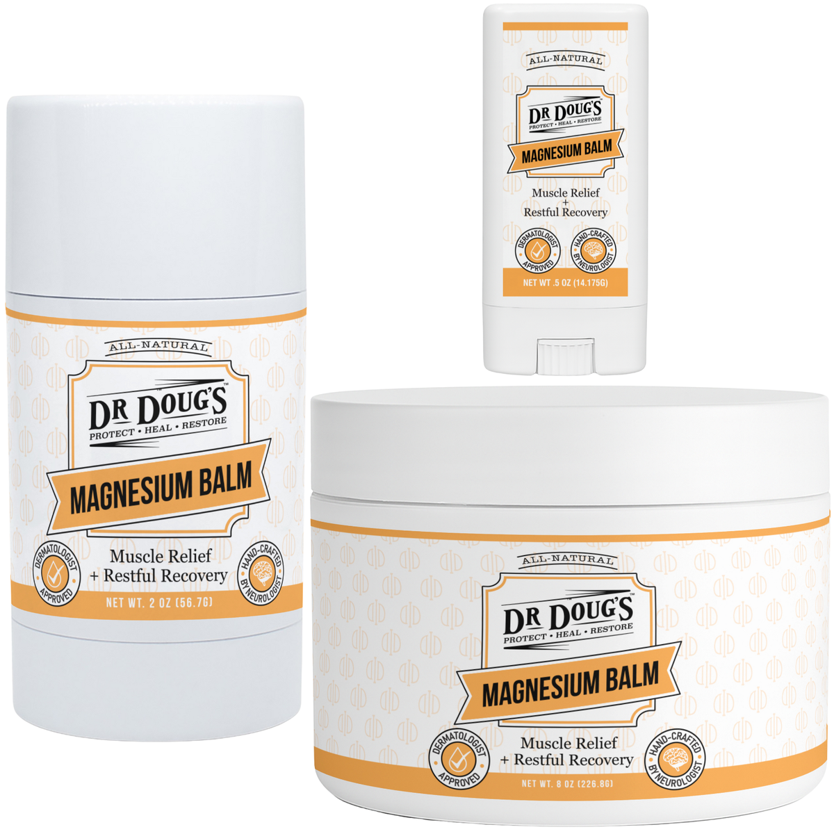 Dr. Doug's Magnesium Balm in the 2.5 oz twist-up stick, 8 oz jar and 0.5 oz mini