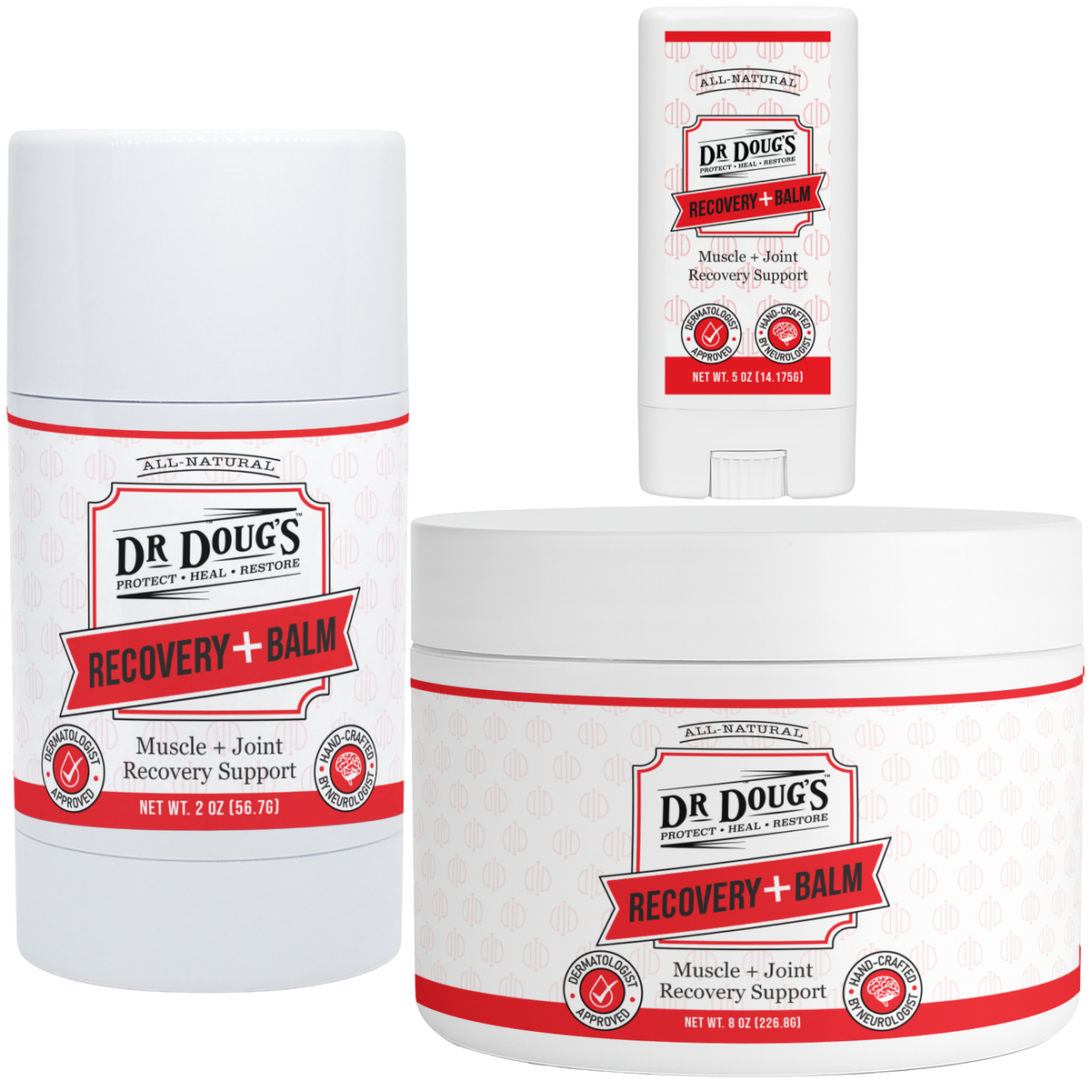 Dr. Doug's Recovery Balm twist-up stick, mini and jar