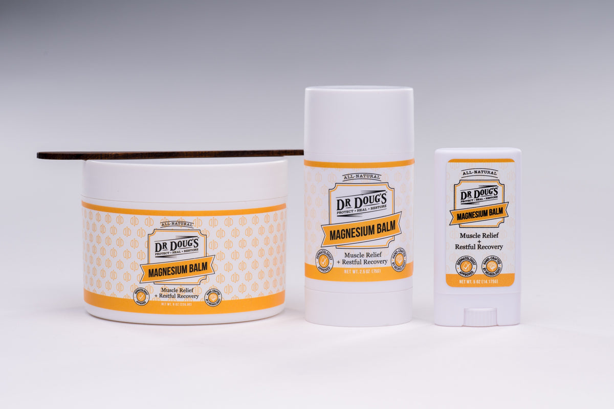 Dr. Doug's Magnesium Balm: 8 oz jar with wooden paddle, 2.5 oz twist-up and 0.5 oz mini