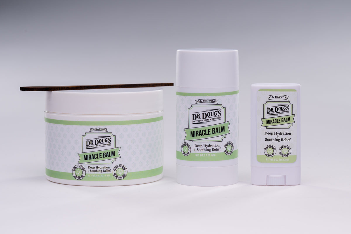 Dr. Doug's Original Miracle Balm: 8 oz jar with wooden paddle, 2.5 oz twist-up and 0.5 oz mini