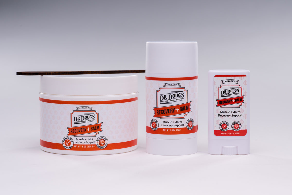Dr. Doug's Recovery Balm: 8 oz jar with wooden paddle, 2.5 oz twist-up and 0.5 oz mini