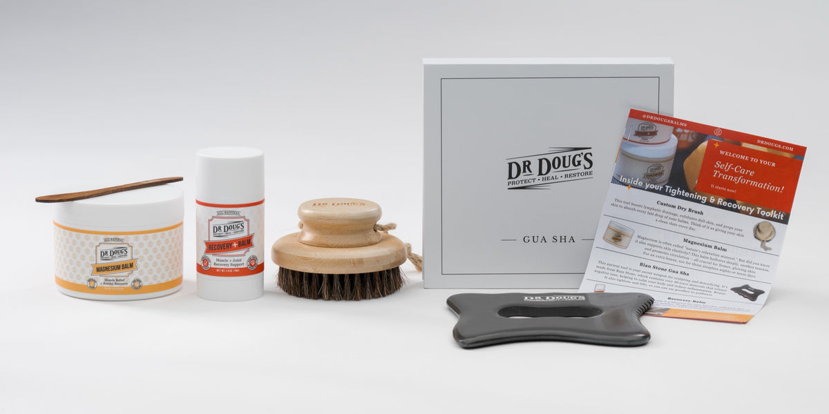 Dr. Doug's Skin Tightening & Recovery Toolkit: Magnesium Balm jar, Recovery Balm 2.5 oz twist-up, dry brush and gua sha