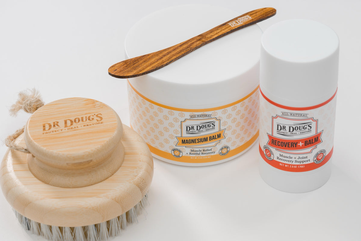 Dr. Doug's Tightening & Recovery Replenishment Bundle: Magnesium Balm 8 oz jar with paddle, Recovery Balm 2.5 oz twist-up and dry brush