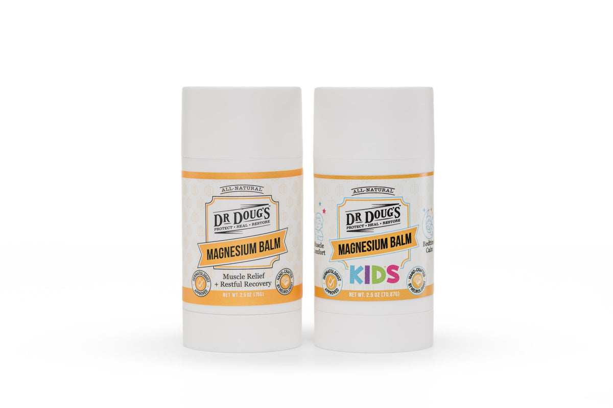 Magnesium Balm 2.5 oz twist-up and Magnesium Kids 2.5 oz twist-up, side by side